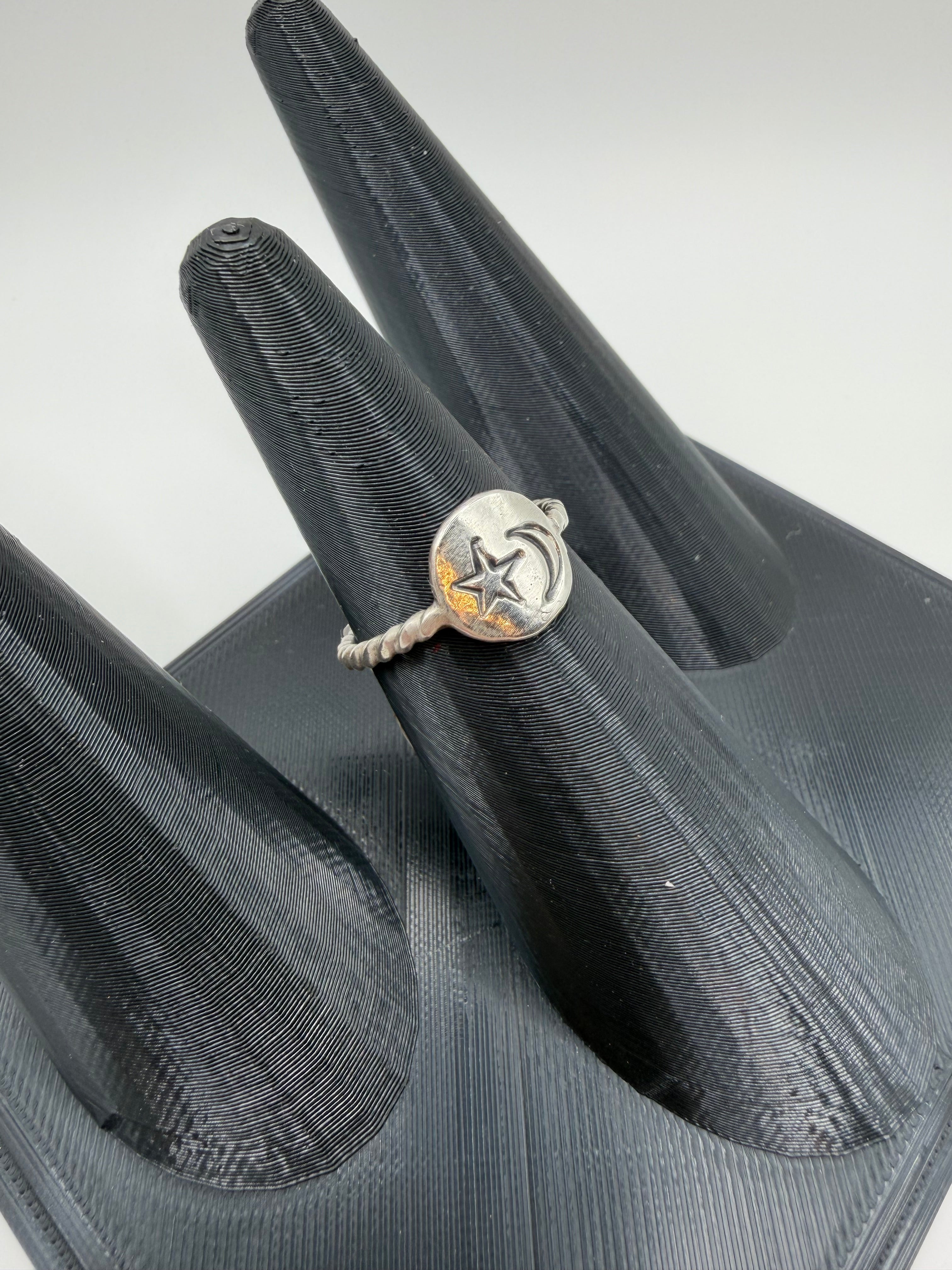 Stamped Moon & Star Disk Ring