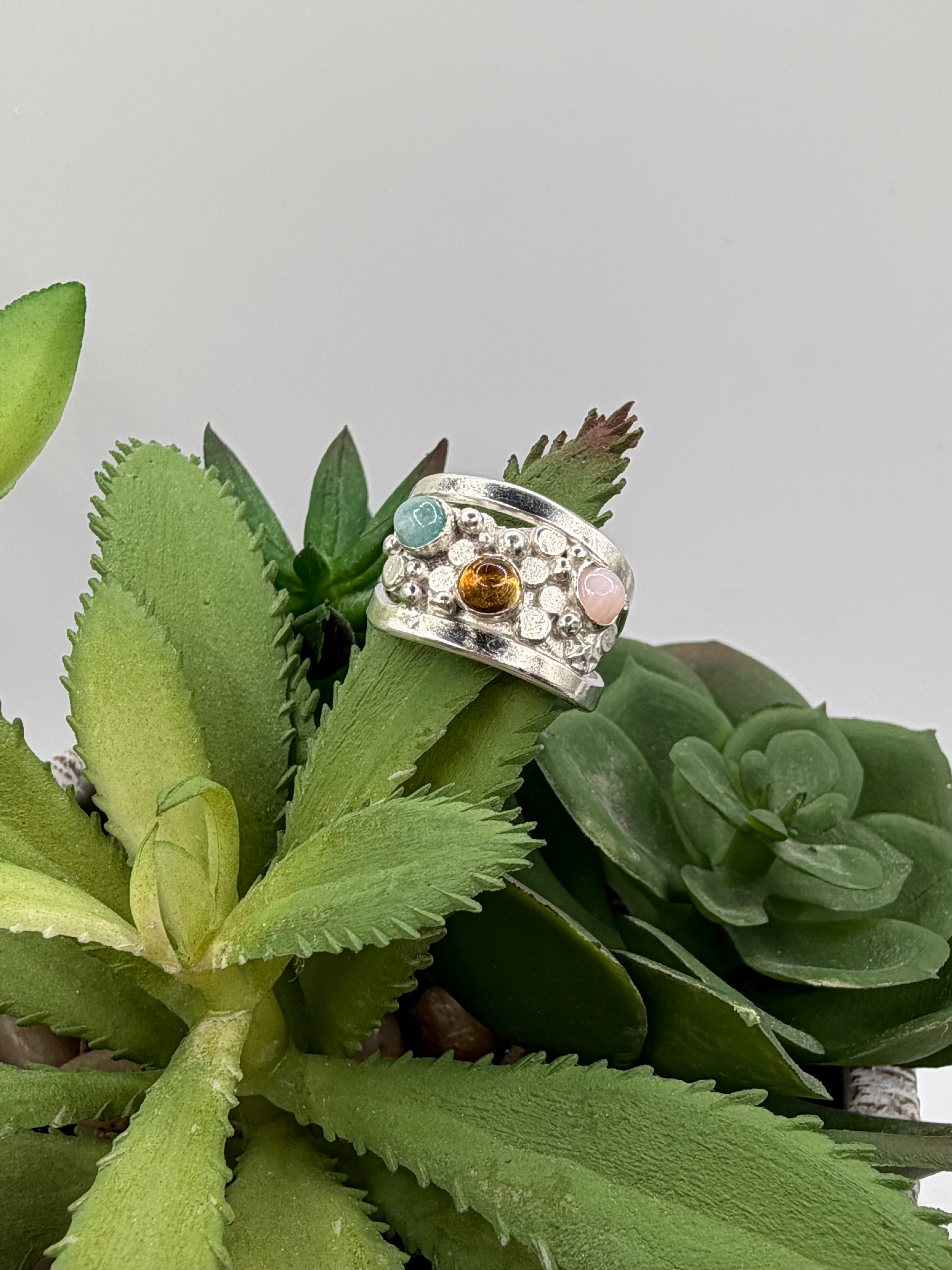 Amazonite, Citrine, Pink Opal Ring, Size 6.5