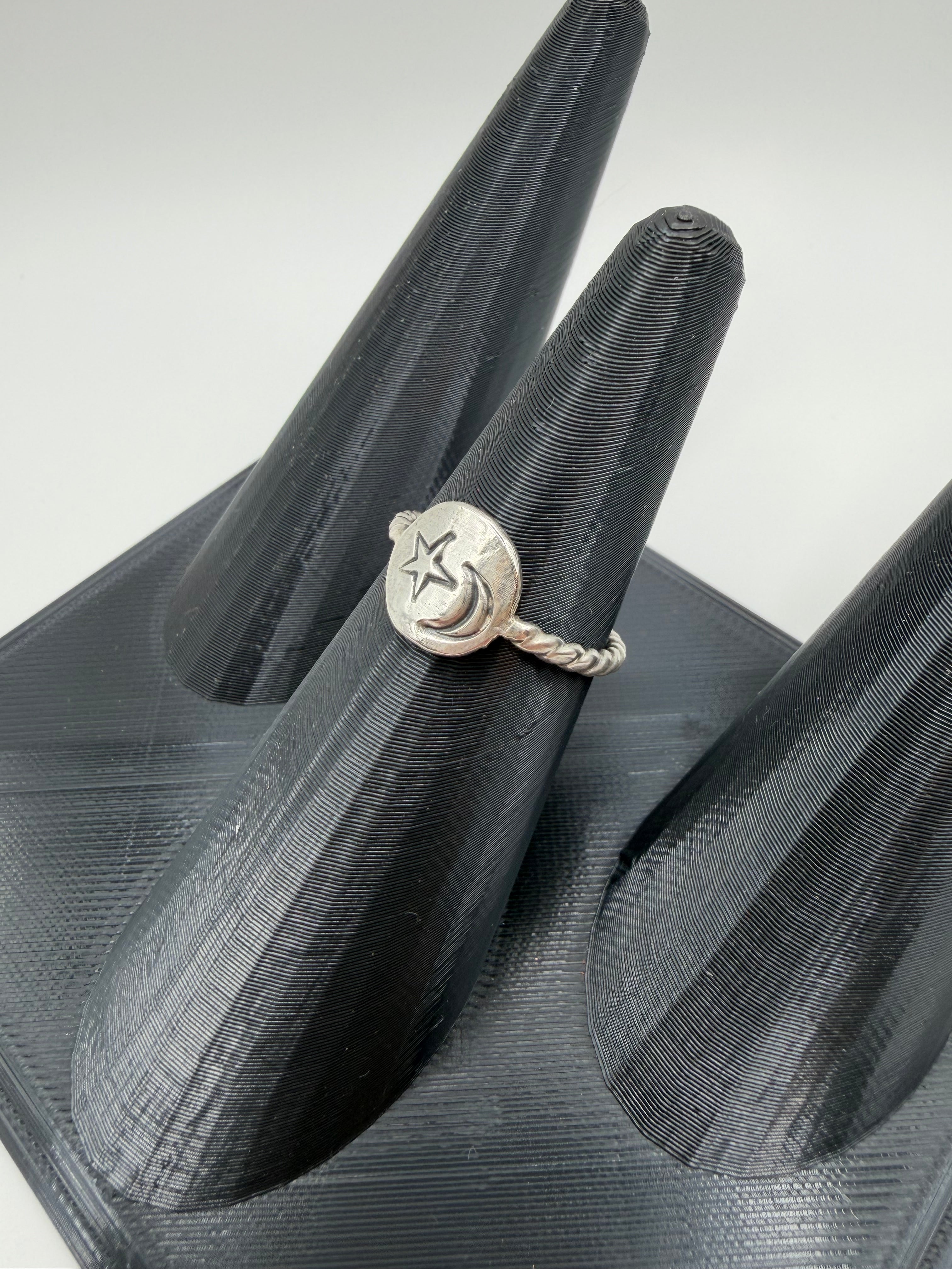 Stamped Moon & Star Disk Ring