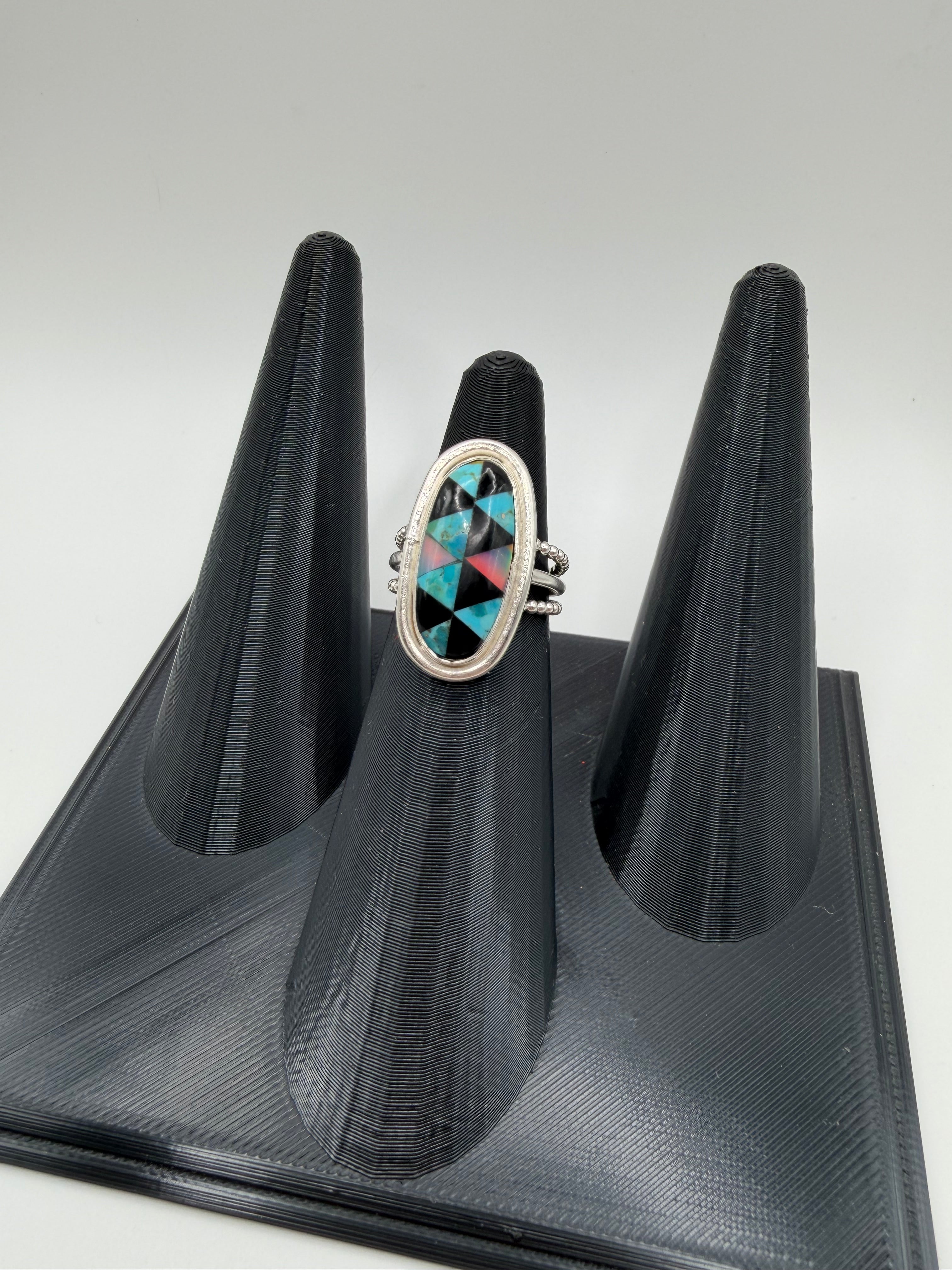 Arizona Turquoise, Onyx & Aurora Opal Ring, Size 6.5
