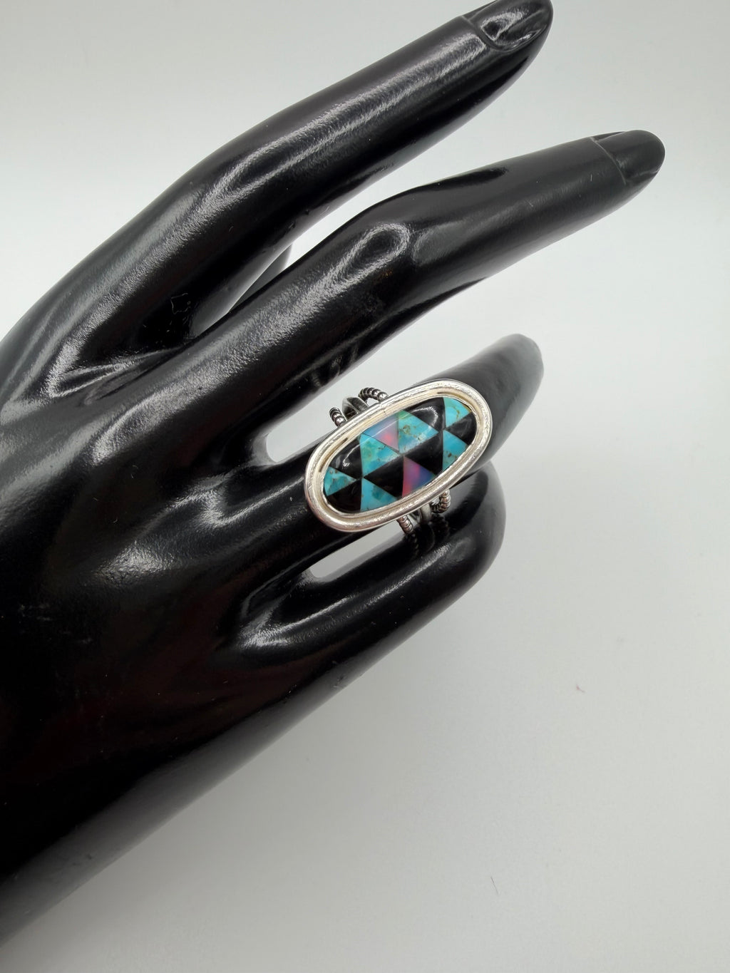 Arizona Turquoise, Onyx & Aurora Opal Ring, Size 6.5