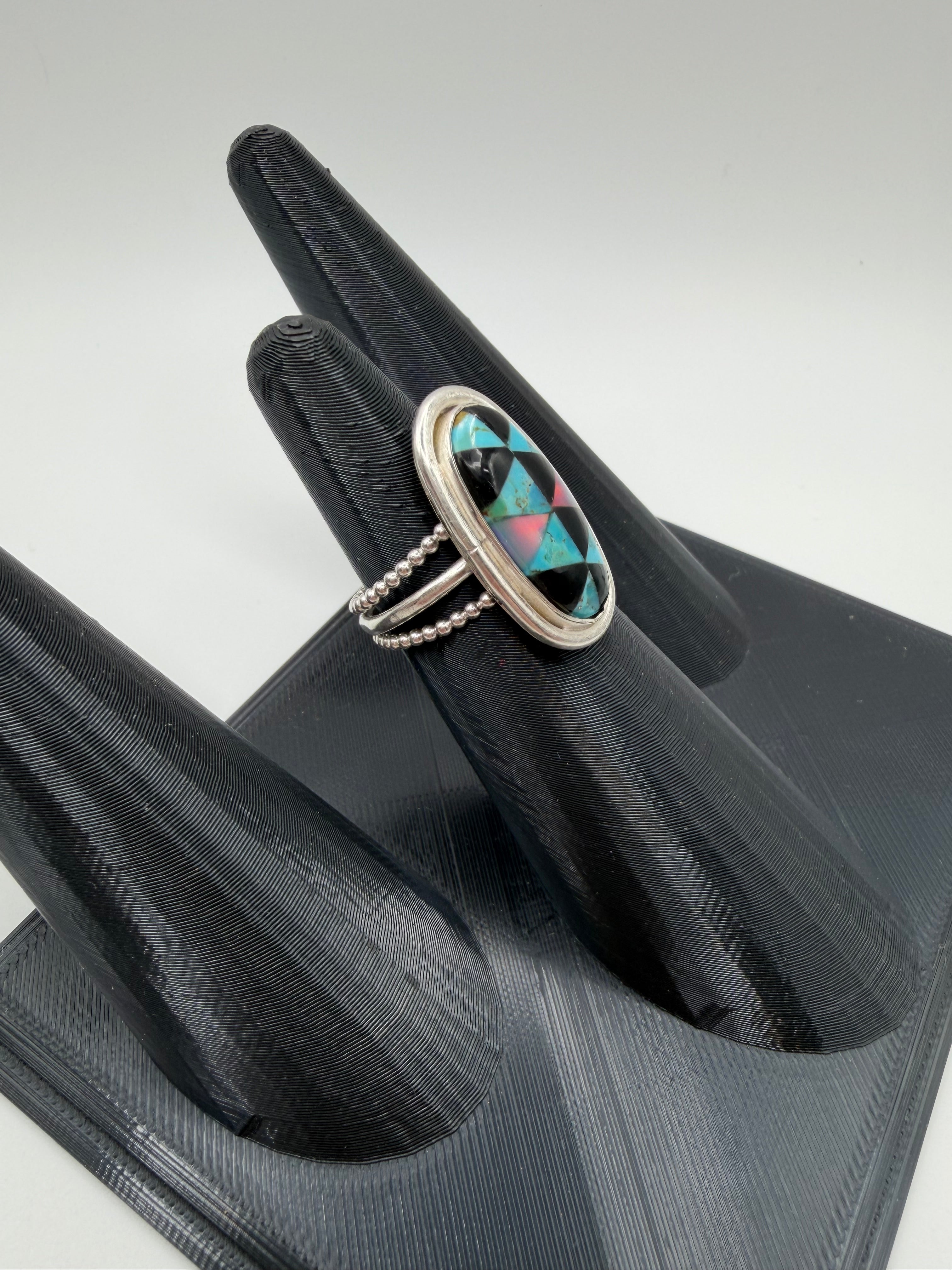 Arizona Turquoise, Onyx & Aurora Opal Ring, Size 6.5
