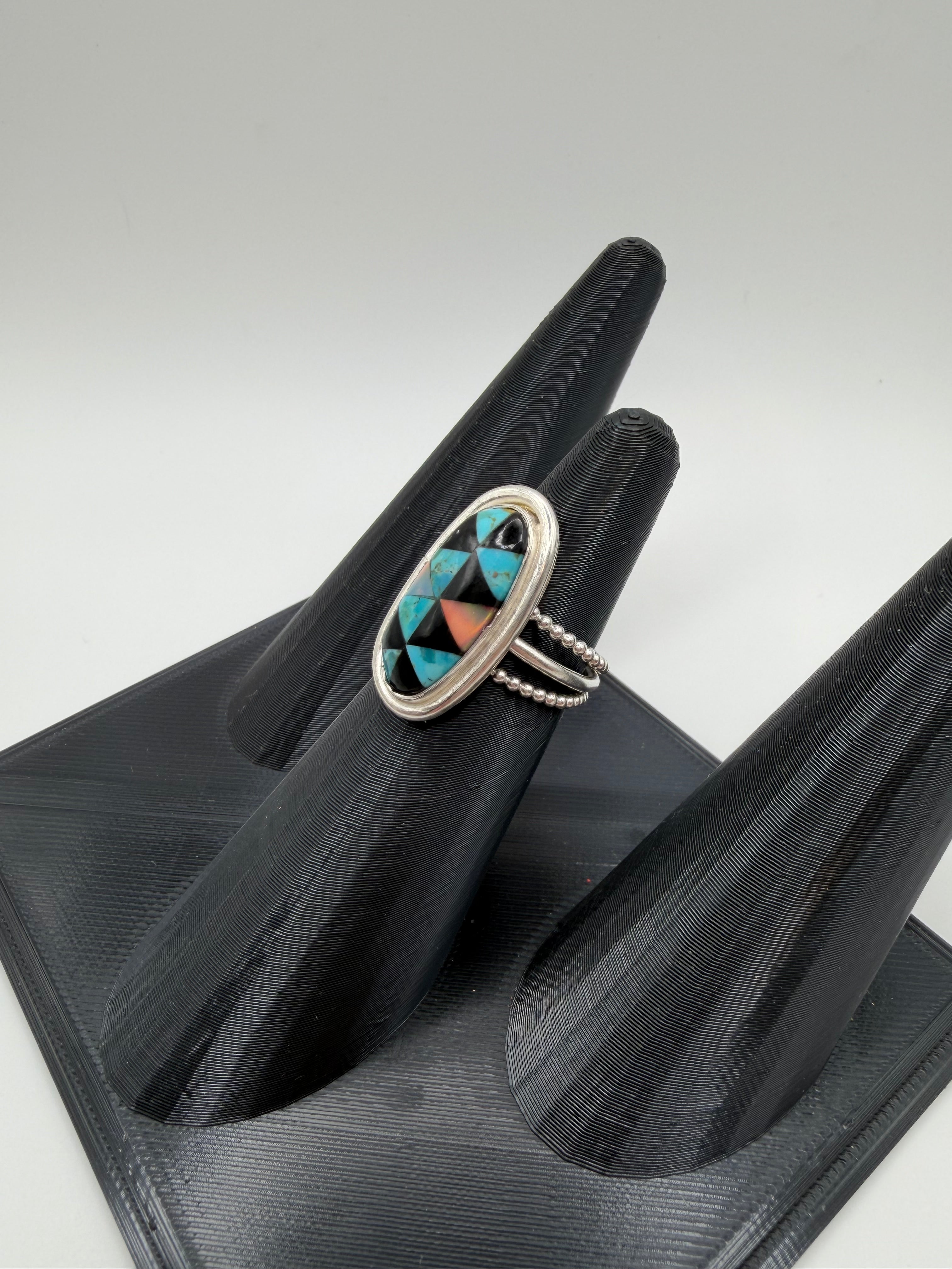Arizona Turquoise, Onyx & Aurora Opal Ring, Size 6.5
