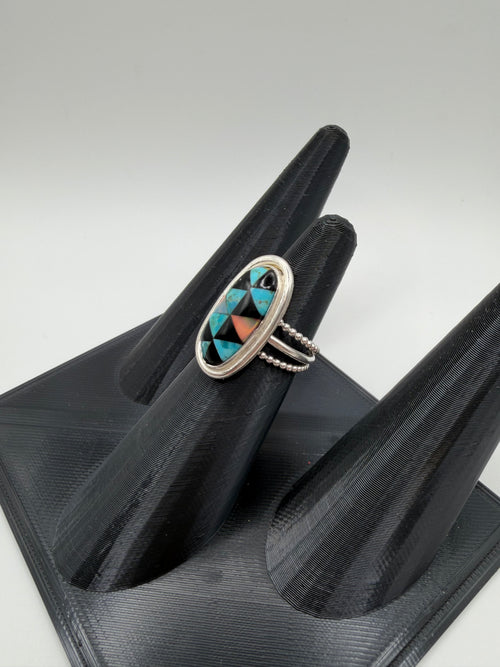 Arizona Turquoise, Onyx & Aurora Opal Ring, Size 6.5
