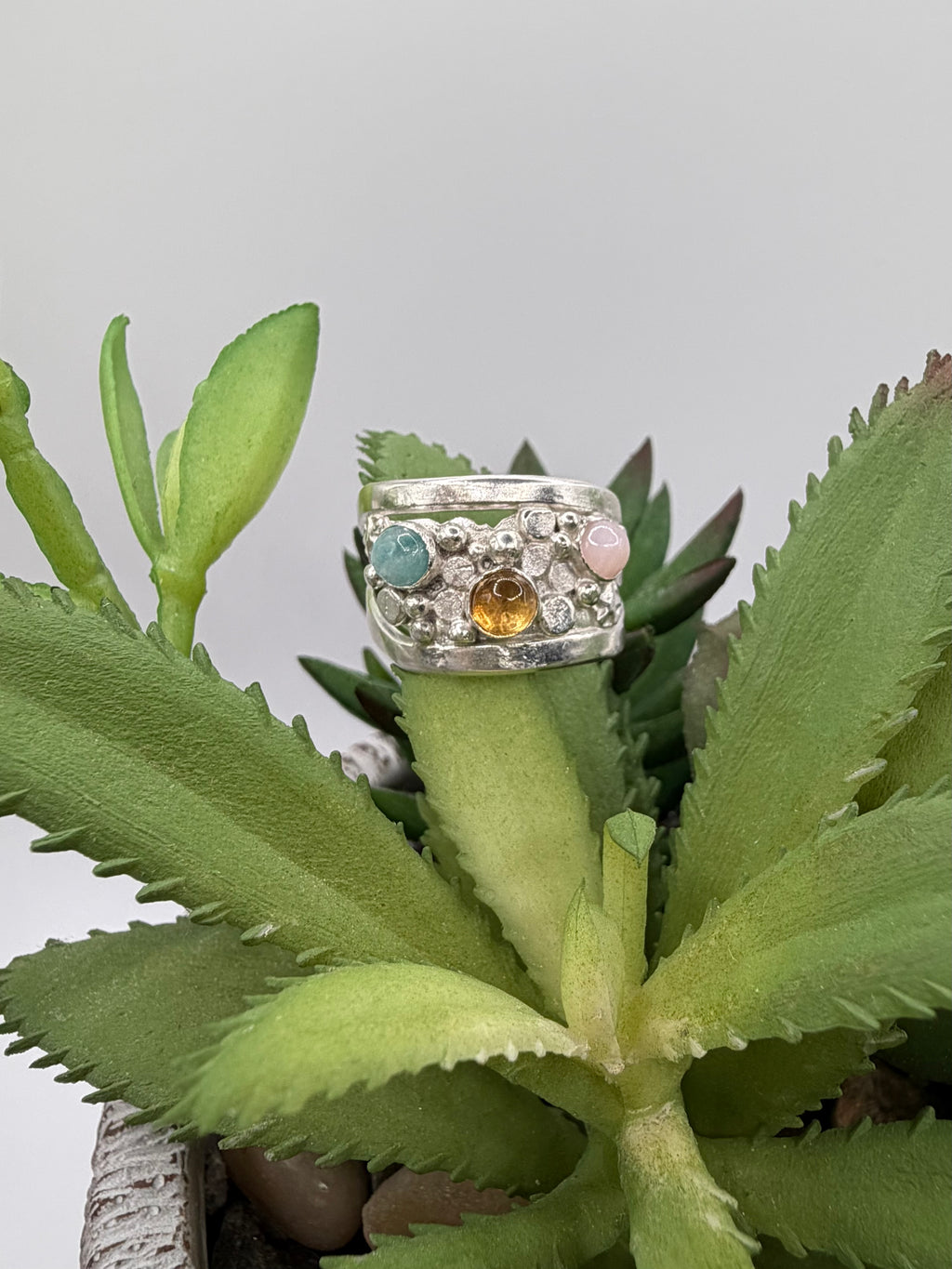 Amazonite, Citrine, Pink Opal Ring, Size 6.5