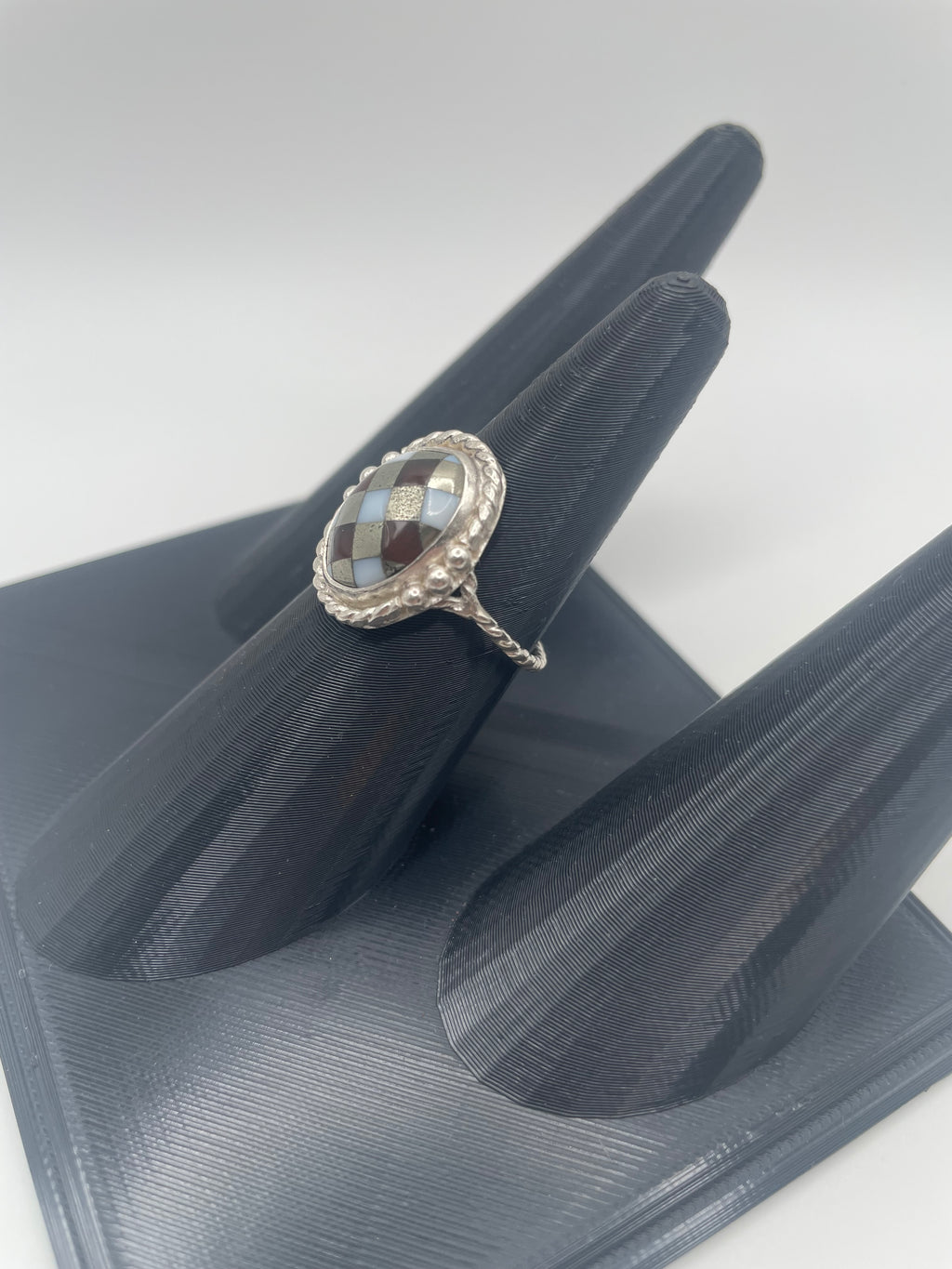 Onyx, White Opal & Pyrite Inlay Ring, Size 10