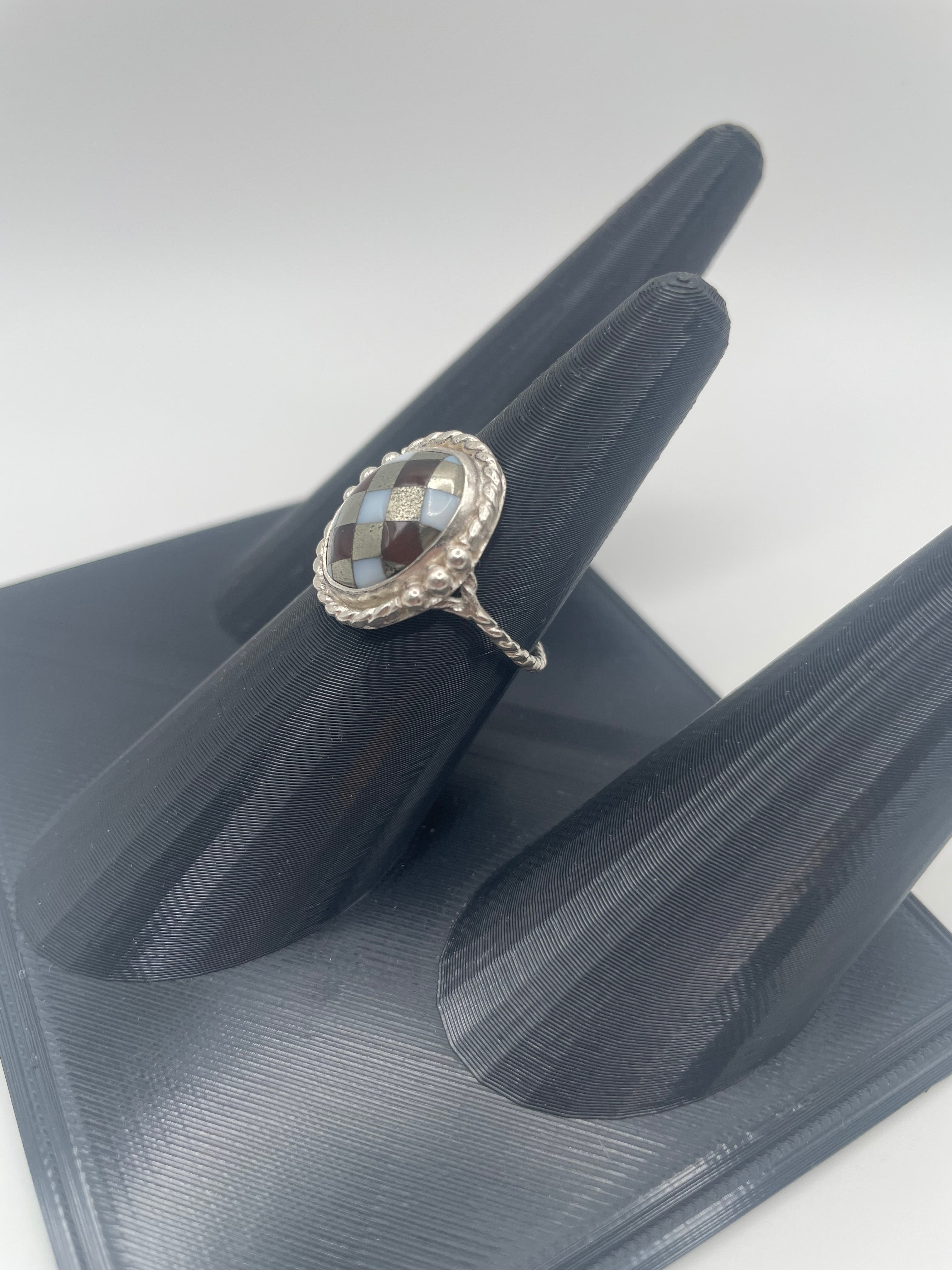 Onyx, White Opal & Pyrite Inlay Ring, Size 10