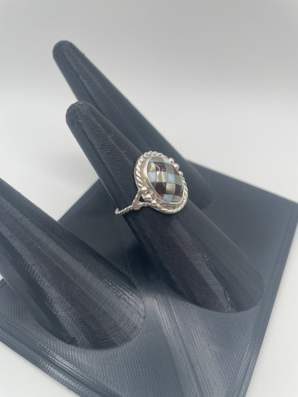 Onyx, White Opal & Pyrite Inlay Ring, Size 10