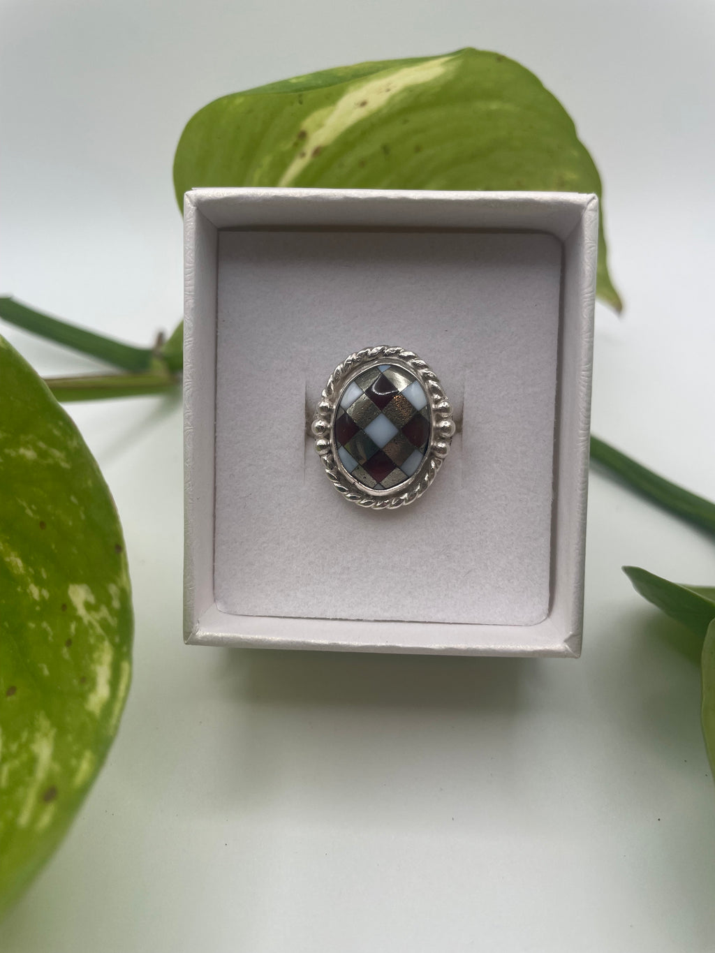 Onyx, White Opal & Pyrite Inlay Ring, Size 10