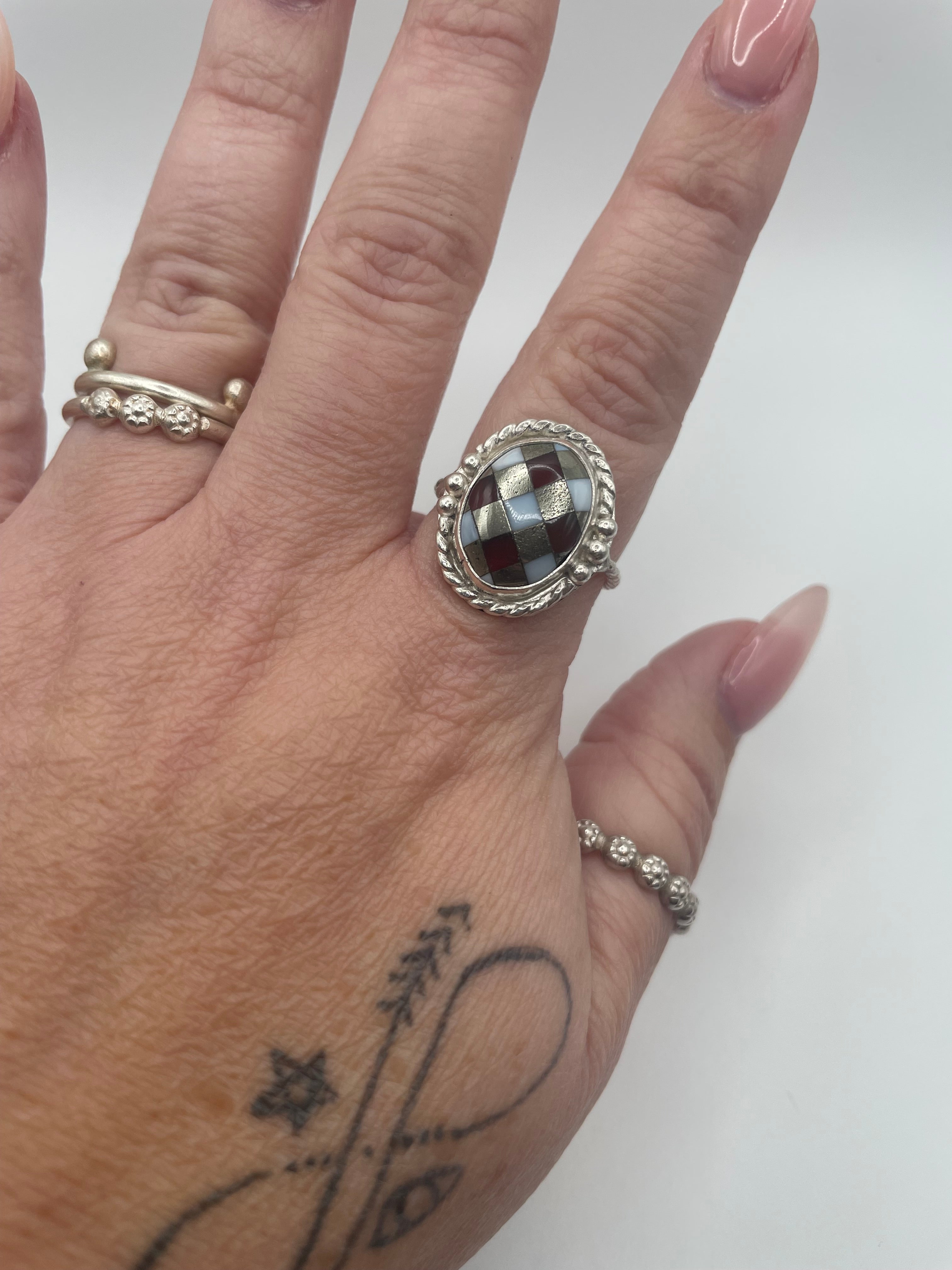 Onyx, White Opal & Pyrite Inlay Ring, Size 10